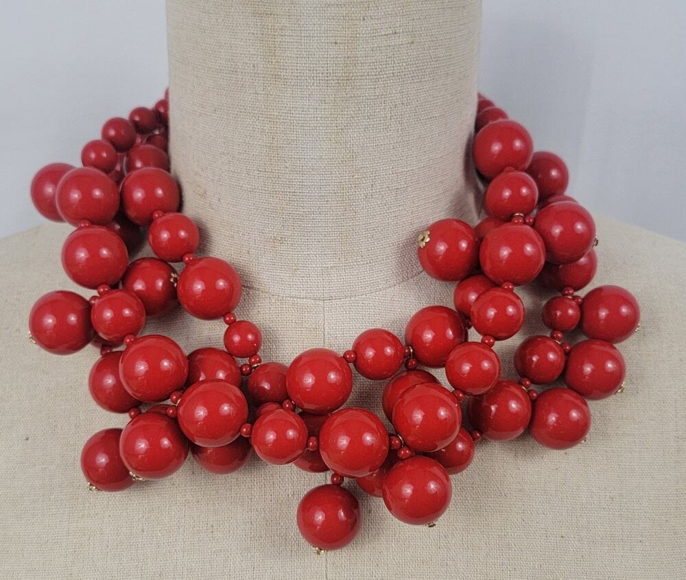 Vintage Kenneth Jay Lane Coral Cluster Necklace 3 Strand Signed KJL